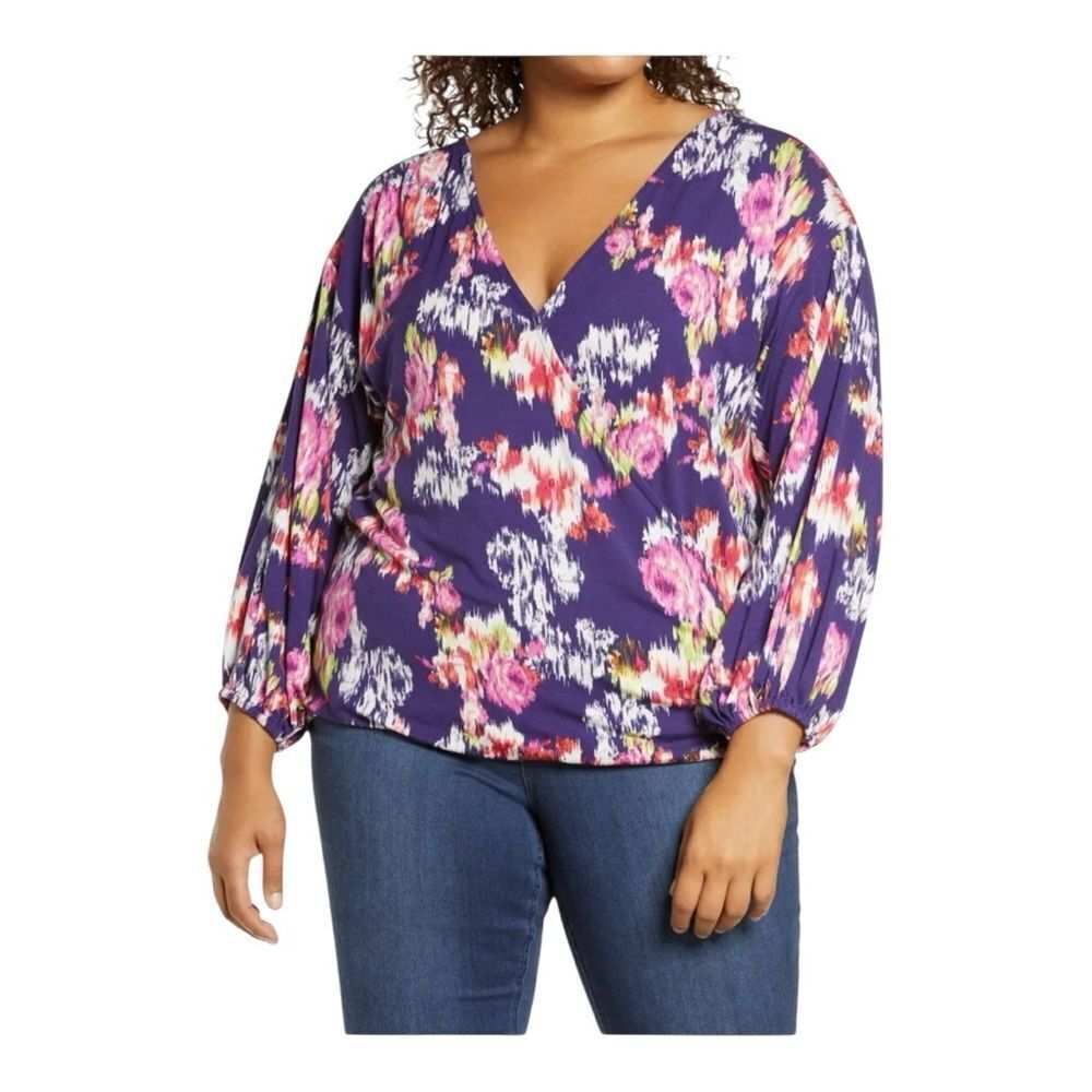 Loveappella Plus Size Surplice V-neck Wrap Front Floral Blouson Top‎ Size 1X.